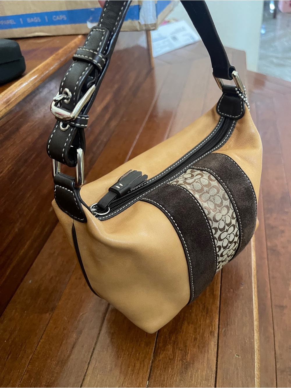 Coach Signature Stripe Leather & Suede Patch Shoulder Bag – caramel & Brown